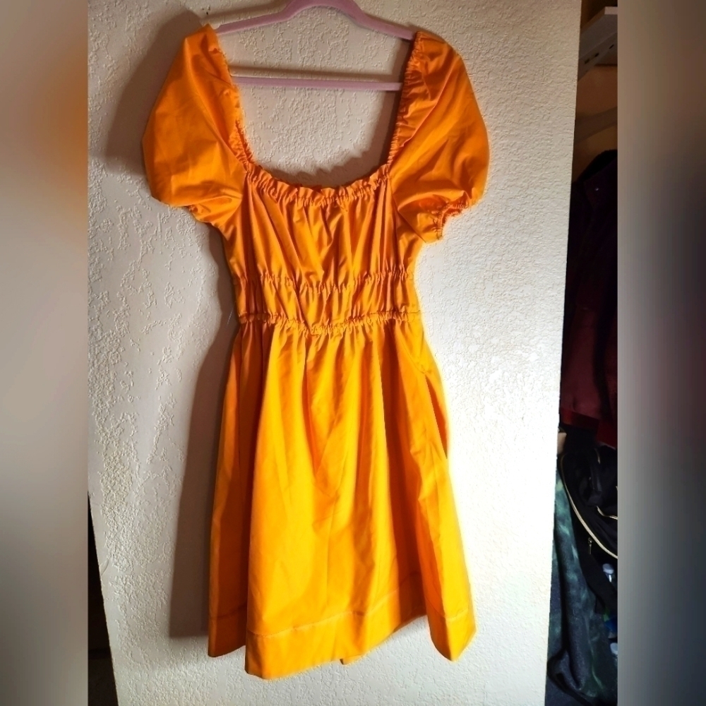 LDT Satin Dress NWOT Yellow Orange Claire Smocked Puffed Sleeve Dress sz 4 - Picture 3 of 5